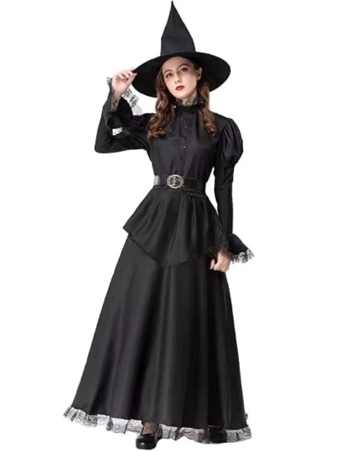 Women's 3-Piece Gothic Wicked Witch Costume Set - Deluxe Halloween Dress, Girdle, Hat & Black Belt for Cosplay Parties