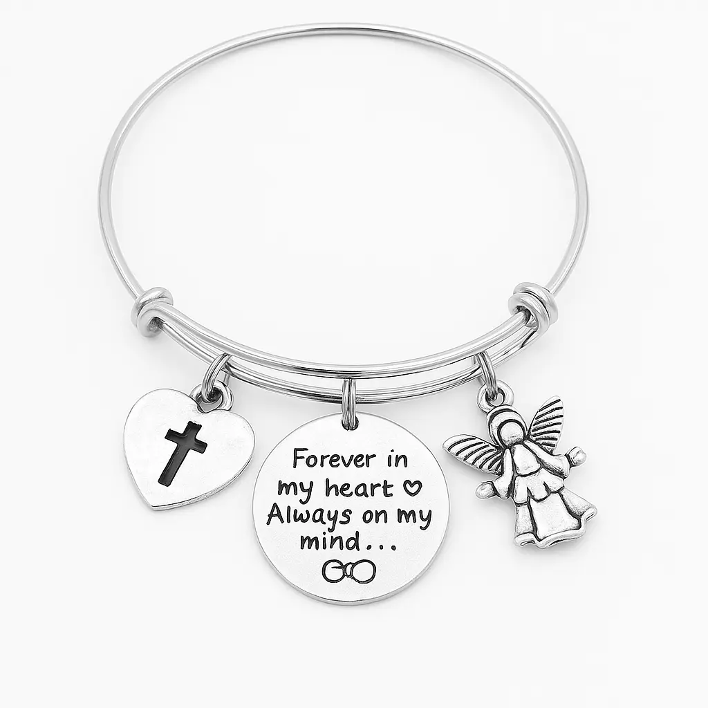 Silver Adjustable Bracelet with Forever In My Heart Always on My Mind Design, Expandable Bangle for Loved Ones and Memories