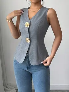 Women's Fashion Rose Buckle Decorated Pure Color Elegant V-Neck Sleeveless Lightweight Vest Waistcoat, Stylish Summer Top