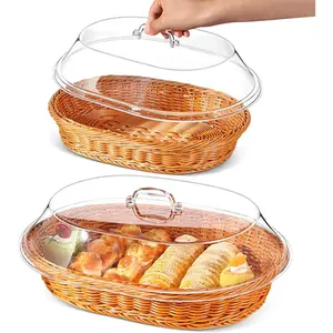 Hushee 2 Set Imitation Rattan Bread Basket with Lid Wicker Bread Baskets for Serving Woven Fruit Basket with Cover Oval Food Baskets for Vegetables Restaurant (13.78 x 9.84 Inch, 15.75 x 11.81 Inch)