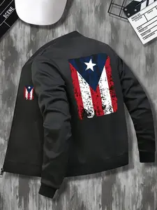 Men's Casual Stand Collar Zipper Jacket, Puerto Rico Flag Pattern, Lightweight Polyester, Spring/autumn Fashion, Sporty Style, Coats