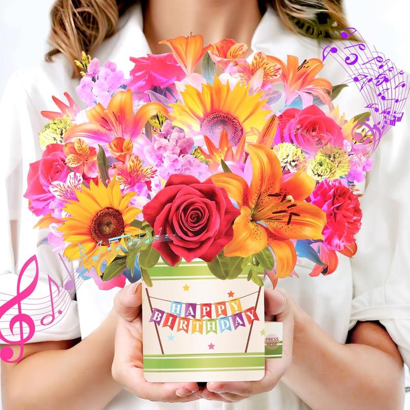 Happy Birthday Card for Women 10Inch Life Sized Forever Sunflower Bouquet with Light and Music 3D Popup Greeting Card for Wife Mom Daughter Sister
