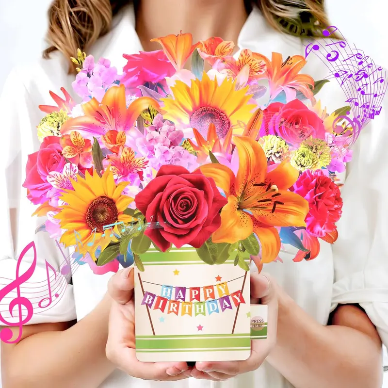 Happy Birthday Card for Women 10Inch Life Sized Forever Sunflower Bouquet with Light and Music 3D Popup Greeting Card for Wife Mom Daughter Sister