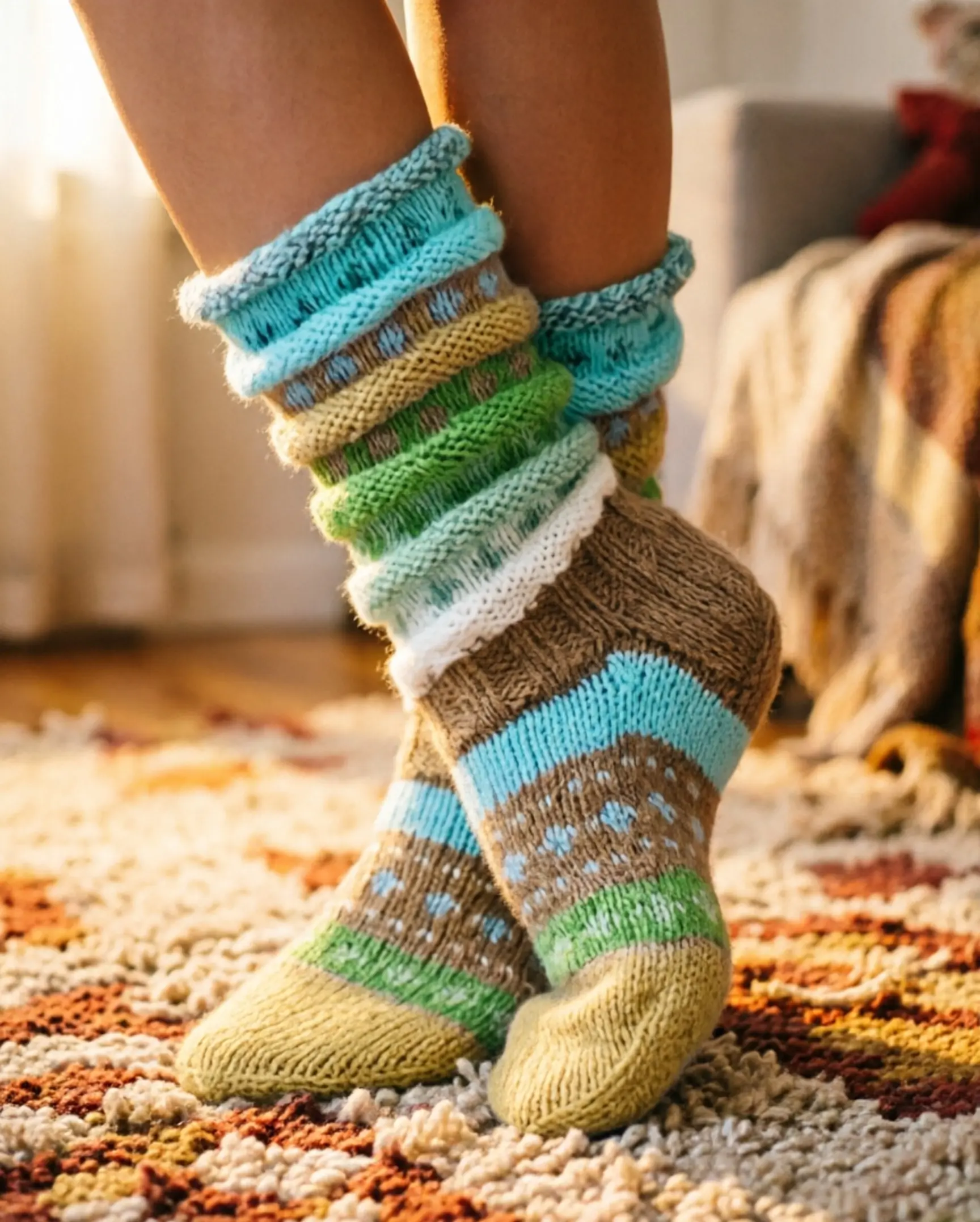 Women's Color-Blocked Striped Mid-Calf Knit Socks - Ribbed, Warm Lounge Underwear Socks