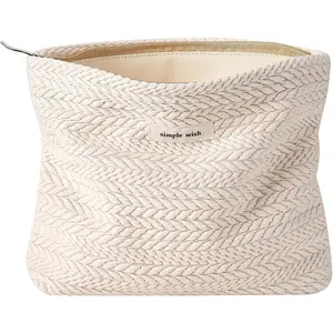 Straw Makeup Bag, Cute Boho Crochet Travel  Bag with Zipper,Portable Versatile Toiletry Bag Skincare Bag for Women Girls(01Beige)