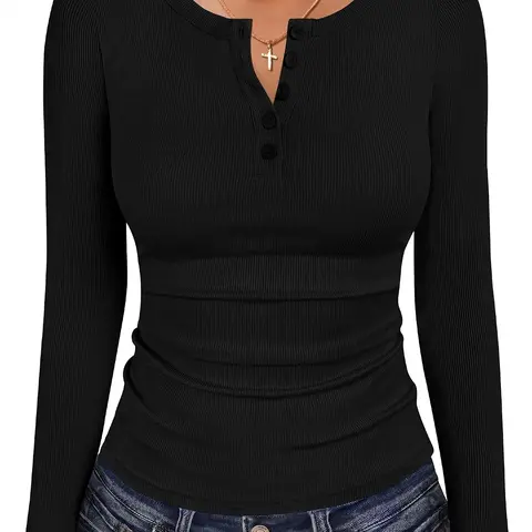 ANRABESS Women's Long Sleeve Henley Shirts | Ribbed Knit Tops, Slim Fit, Soft Breathable Stretch Fabric, Casual Office Travel Everyday Wear, Fall Winter Clothing