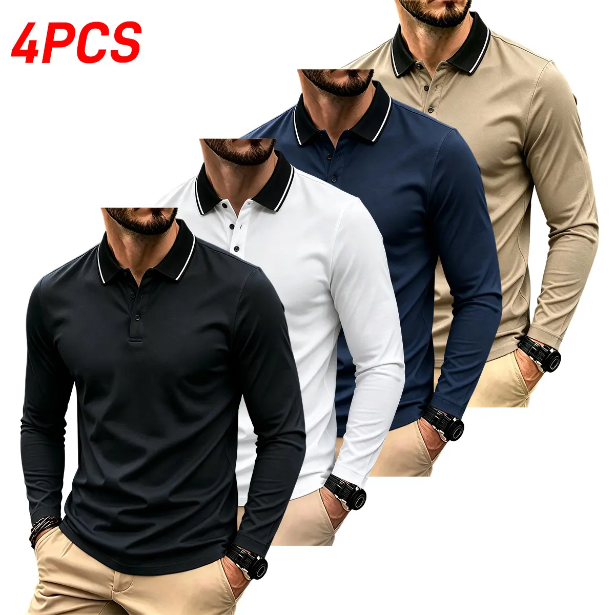 JOGWAVE 4PCS Men’s Long-Sleeve Polo Shirt with Collar Design, Solid Color Soft Fabric – an essential piece for everyday casual wear. New men’s solid-color top with soft fabric; a breathable polo/golf shirt suitable for outdoor leisure and business setting