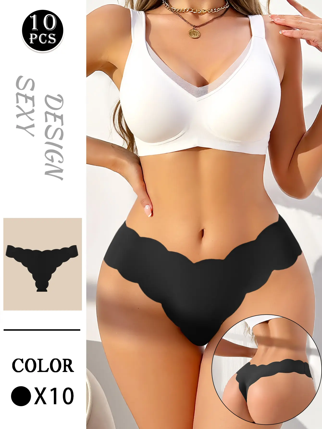 Hotcom Women's 10PCS High Waist Pure Black Scallop Trimmed Thong Panties - Minimalist, Sexy, Plus Size, Seamless, Breathable Underwear for Daily All-Season Wear summerwins,