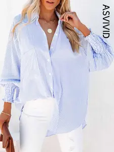 Women's Striped Print Button Front Frill Trim Raglan Sleeve Pocket Design Shirt, Casual Long Sleeve Shirred High Low Top for Spring & Fall, Ladies Clothes