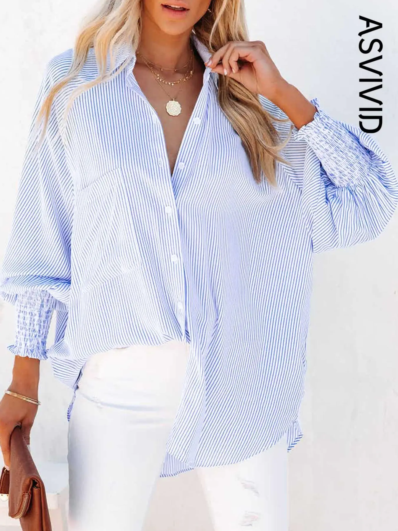 Women's Striped Print Button Front Frill Trim Raglan Sleeve Pocket Design Shirt, Casual Long Sleeve Shirred High Low Top for Spring & Fall, Ladies Clo