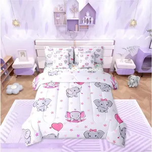 Girls Elephant 7 Piece Comforter Bed Set,Cute Elephant Cartoon Animals Bedding Set,Kids Nursery Bedroom Pink Heart Shaped Comforter,with Sheets,Kawaii Bed Set