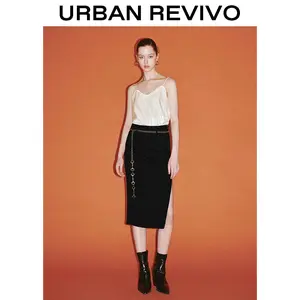 URBAN REVIVO Women's Mid-Length Denim Skirt Bottom, Straight-Leg Dark Wash with Chain Detailing, Casual Elegant Versatile Piece, Women's Clothes