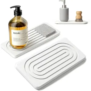 2 count Water Absorbing Stone Tray for Sink, Quick Drying Diatomite Bathroom Tray Countertop, Stone Drying Mat for Kitchen Counter Faucet, Soap Dish Dispenser  Organizer, White-A-8.3" x 4"