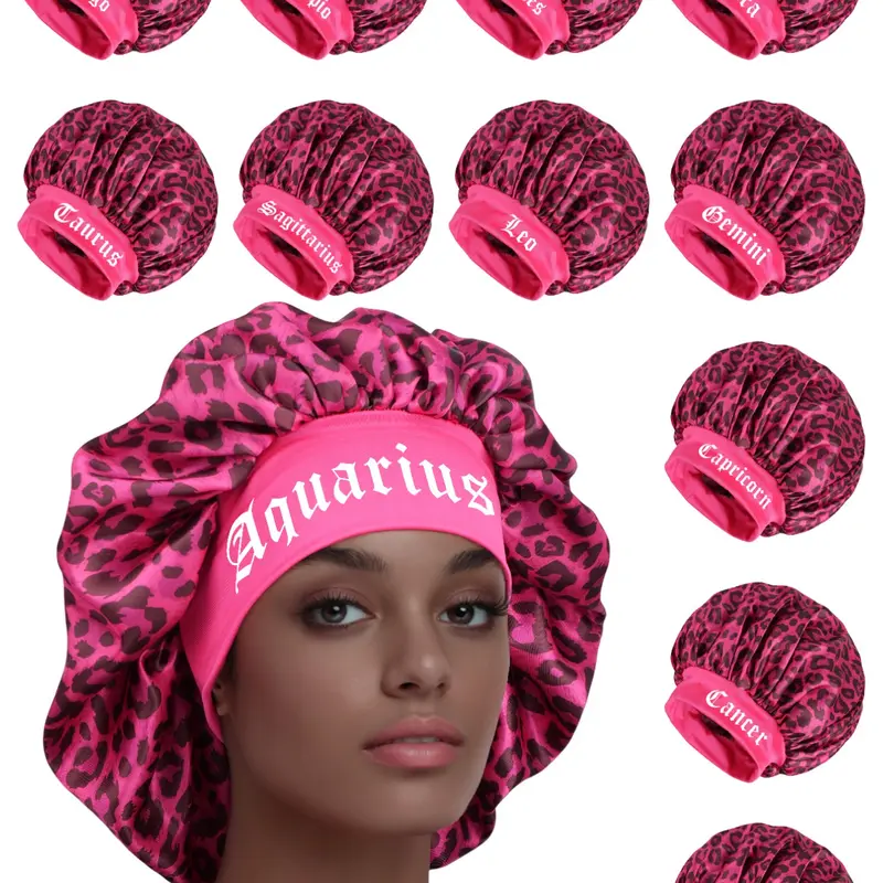 Multi-Purpose Women's Sleep Cap with Zodiac Letter Print, Waterproof Elastic Hair Cap, Available in Multiple Colors for Daily Use & Showers, Bonnets for Sleeping
