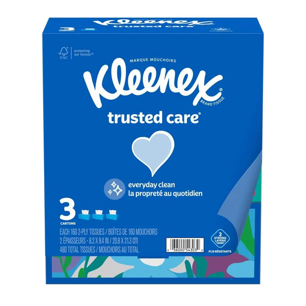 Kleenex Trusted Care 2-Ply Facial Tissues - Soft, Absorbent Flat Boxes for Hands, Faces (160 Sheets Per Box)