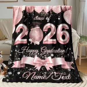 Custom Name Lightweight Polyester Flannel Blanket, 1pc Pink Graduation 2026 Gifts, Ideal Keepsake for 2026 Graduates, Suitable for Travel, Living Room, Bed,summervibes