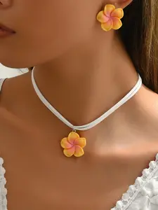 Boho Style Gradient Floral Jewelry Set, Elegant Handmade Necklace & Earrings, Perfect Gift for Women, Summer Party Beach Wear Jewellery