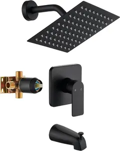 Black Tub Shower Faucet Set Complete with 8-Inch Rainfall Shower  and Tub Spout Included Shower Valve Tub Shower Trim Kit Matte Black