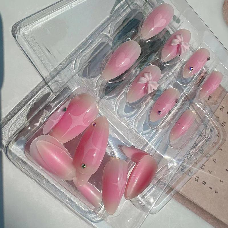 Pink Gradient Almond Press-On Nails with Blush Bow & Star Rhinestones Glossy Stick-On Acrylic False Nails for Women Girls DIY Manicure Easter Birthday Gifts