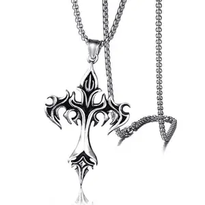 Stainless Steel Flame Cross Pendant Necklace Men Titanium Steel Retro Casting Design, Stylish Religious Jewelry