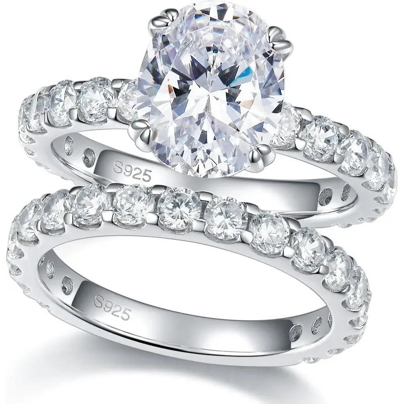 Women's S925 Sterling Silver Moissanite Ring Set - 2CT 7×9mm D VVS1 GRA Certified Large Stone, Wedding Engagement Stacked Bridal Jewelry, 925 Real Silver Rings, Moissanite Rings