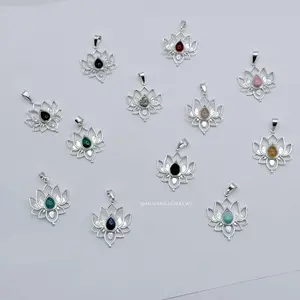 950 Silver Lotus Flower Pendant in Natural Stone Elegant Design with Natural Stone