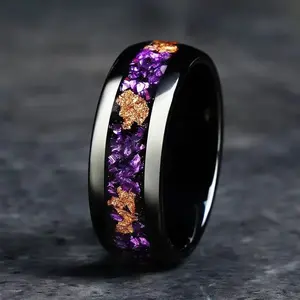 Fashion Couple Stainless Steel Ring, Unique Black Band with Purple Gold Foil Inlay, Personalized Minimalist Matching Ring, Daily Jewelry Gift for Lovers