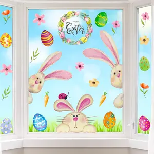 Easter Window Clings Decorations for Glass Easter Window Stickers Decal Large Bunny Stickers with Eggs Spring Door Wall Window Decor