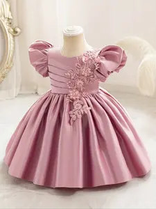 New Princess Dress for Girls, Puffy Skirt Flower Girl Gown, Satin Fabric Baby Evening Dress, Piano Performance, Party Dresses