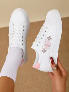New Women's Casual Sneakers, Pearl Butterfly Embroidery Decor, Comfortable Flat Heel Student Shoes, Fashion Lace-Up Sneakers, Walking Shoes, Footwear