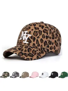Women's Ny Leopard Print Hat, Baseball Cap Adjustable, Adjustable Size, Fashionable Design, Suitable for Sports & Casual Outings, All-Season Woven Fabric Cap