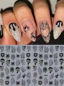Sanrio Halloween Nail Stickers, Sparkly Spider & Web Design, Self-Adhesive Glitter Decals for Festive Manicure, DIY Nail Art