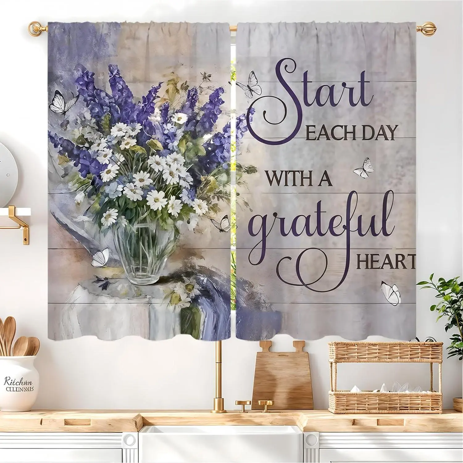 Purple Lavender Floral Curtains - 2-Panel Vintage Boho Abstract Art Drapes with Beautiful Patterns, Jesus-Inspired Small Short Cafe Window Treatment for Country Kitchen Bathroom (27.5W x 39L in), Purple Curtains, Vintage Floral Curtains