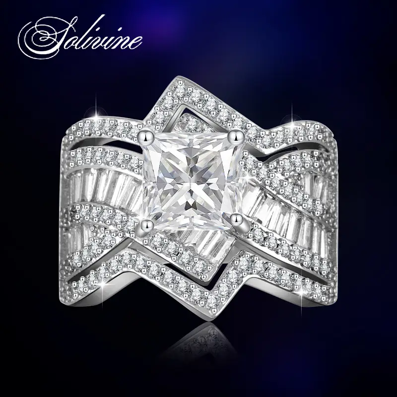 SOLIVINE 5CT Geometric Square Ring, S925 Silver Micro Pave 5A CZ Princess Cut En...