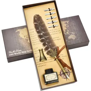 Pen and Ink Set - Calligraphy Quill Pen Set Includes Dip Pen, 5 Replacement Nibs and Pen Holder for Writing Lovers (Brown)