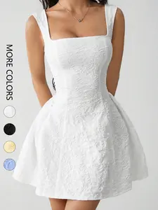 Women's Dress, Summer White Strap Dress, Party Elegant Open-Back Fluffy Women's Dress, Textured Fabric with Zipper Closure Design, Daily Wear & Party