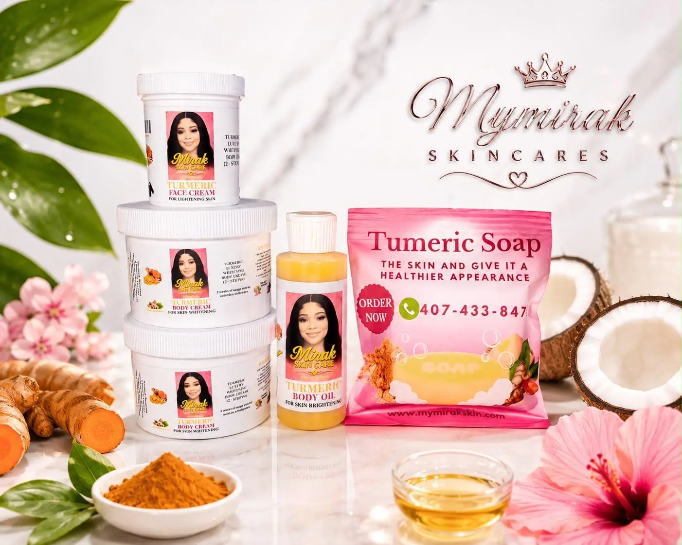 Mirak Grimèl  Big Set of 5 Pcs Turmeric,2 Body Cream 8 oz,1 Face Cream 4 oz ,1 Body Oil 4 oz ,1  and 1 Bar Soap 4 oz Cosmetic, Gel
