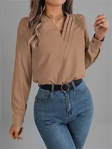 Women's Plain V Neck Blouse, Elegant Fitted Bishop Sleeve Top for Spring & Fall, Women's Clothing for Daily Wear