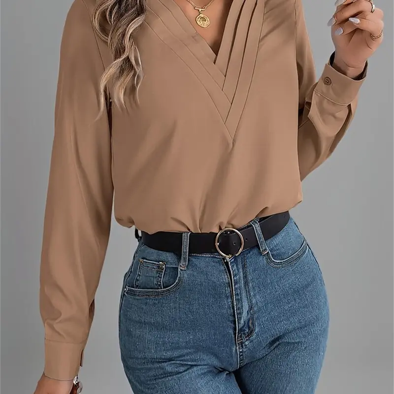 Women's Plain Solid V Neck Blouse Elegant Fitted Bishop Sleeve Top for Spring & Fall, Women's Clothing for Daily Wear