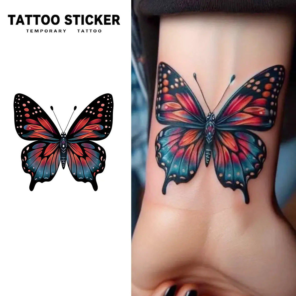 2 PCS Vibrant Red-Blue Butterfly Temporary Tattoo Stickers, Waterproof Long-Lasting Fake Tattoos，adult art design, lasting for 1 - 2 weeks, waterproof and sweat-resistant, realistic effect, no reflection, especially for swimming parties