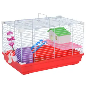 Hamster Cage with Exercise Wheel Water Bottle Dish Rat House and Habitat Story Design Red