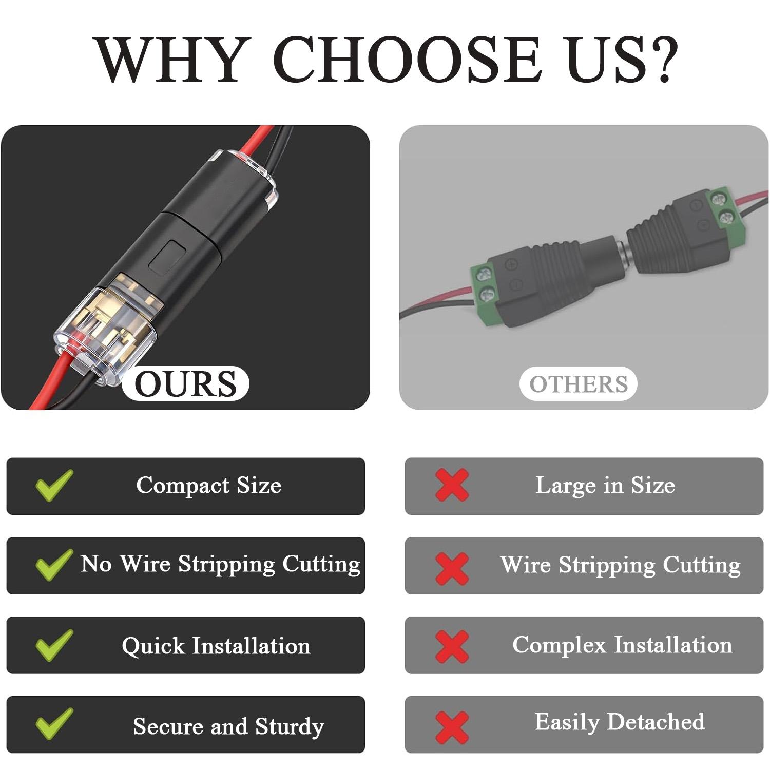 2-Pin Quick Splice Wire Connectors No Stripping, Solderless Auto LED Low Voltage Plugs AWG18-22 w/ Locking Buckle