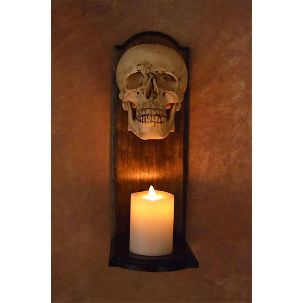 Skull-Top Wood Frame Wall Sconce Candle Holder with 4 in. White Flameless Candle, Home Decor, Room Decor