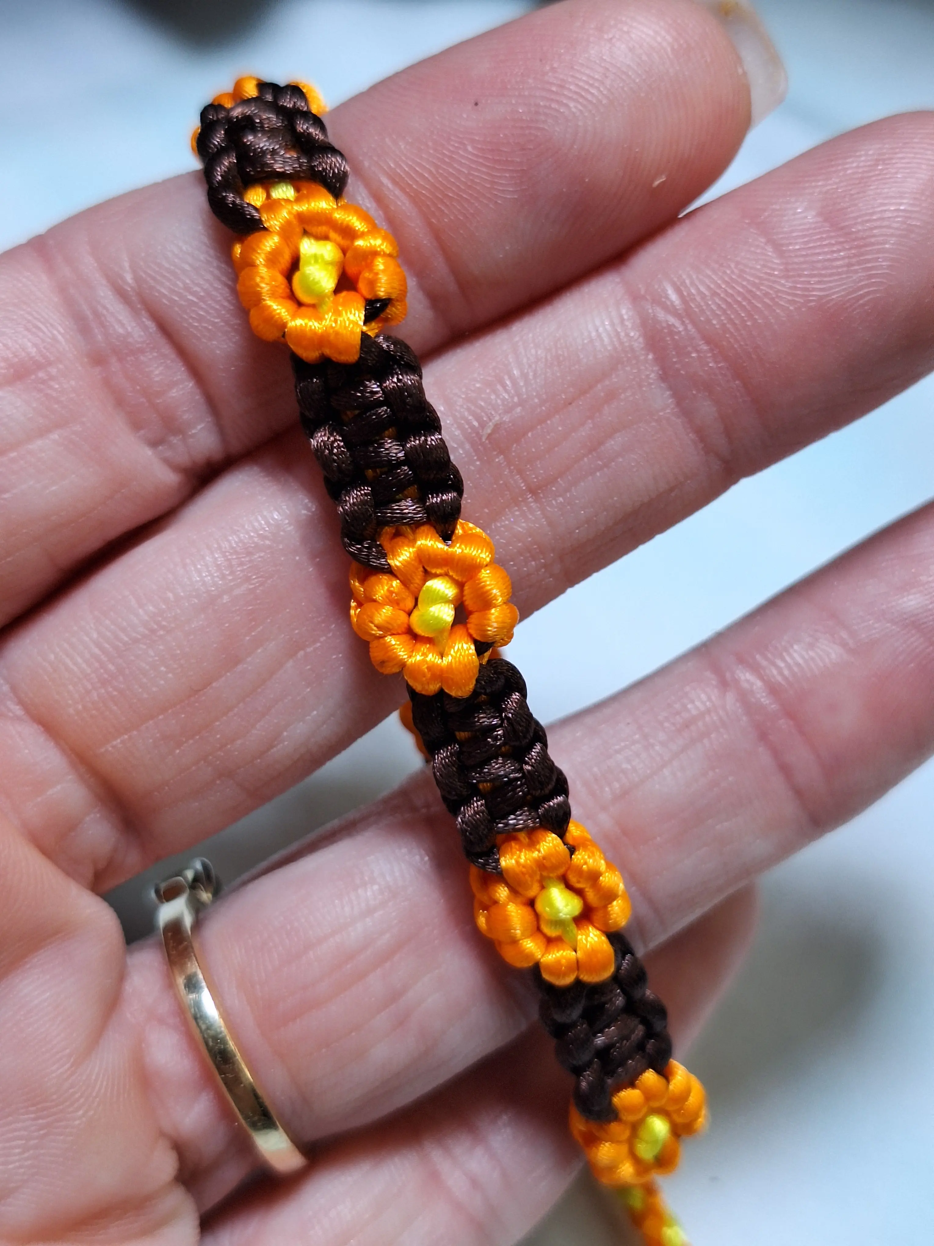 Autumn Silk Flower Bracelet - Orange Blooms & Dark Cord