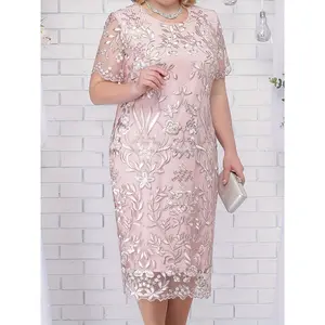 Plus Size Women's Elegant Floral Print Bodycon Dress - Suitable for All Seasons, Wedding Party Daily Wear - Soft Pink Opaque Fabric, Versatile Evening Dress, Machine Washable