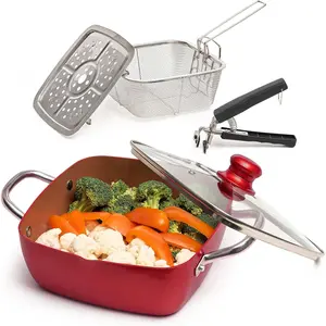 5 count Red Copper Chef Cookware Non Stick Deep Frying Pan, Fry Basket, Steamer Rack, Dishwasher  Oven Safe, 5 Qt Deep Square Pan, Induction Copper Cookware Set - 9.5" x 3.5"