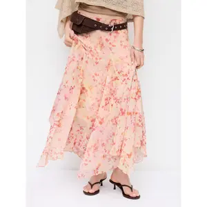 Cider Chiffon Floral Ruffled Asymmetrical Hem Flared Maxi Skirt