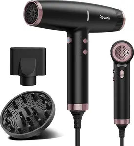 Realair High Speed Ionic Hair Dryer with Diffuser for Curly Hair, 110,000 RPM Brushless Motor Fast Drying Blow Dryer, 200M Negative Ions for Frizzy Hair, Quiet Travel Dryer with Secure Snap-on Nozzle