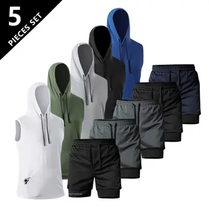 Men’s two-piece hooded short-sleeve athletic set: casual sports hoodie and shorts, quick-drying breathable mesh fabric, suitable for physical training, drawstring elastic waistband design, and a phone pocket for storage.