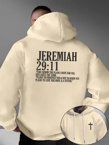 Men's Casual Loose Hooded Sweatshirt with Letter Print, Fleece Lined Pullover for Outdoor Wear, Fall & Winter Fashion, Cross Print Hoodie